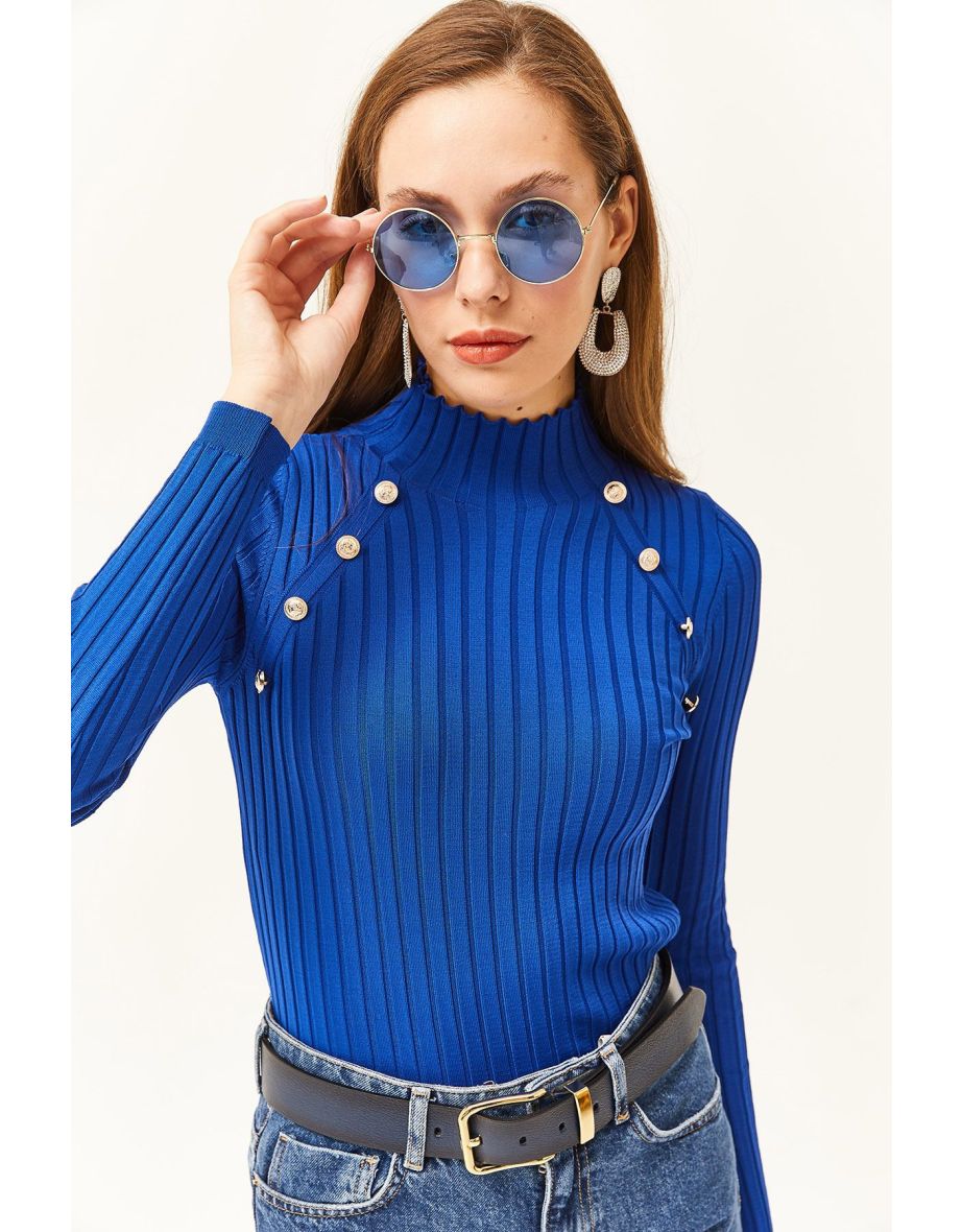 Women's Saks Blue Stand Collar Thick Ribbed Button Detailed Knitwear top