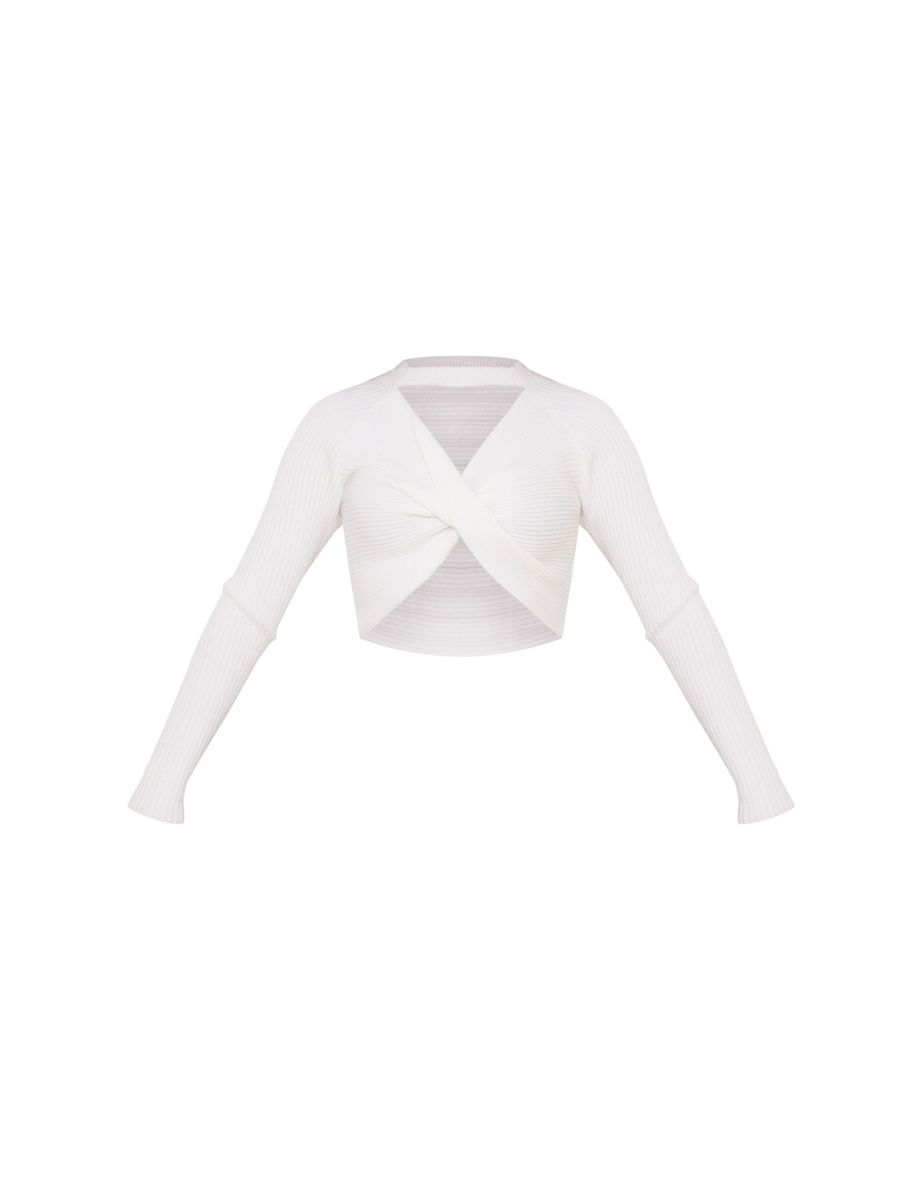 Cream Soft Rib Knit Front Twist Crop Top - 4