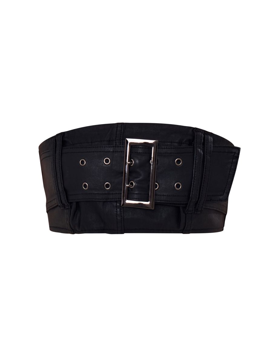 Black Coated Denim Buckle Detail Bandeau Top & Mini Skirt Set - 4