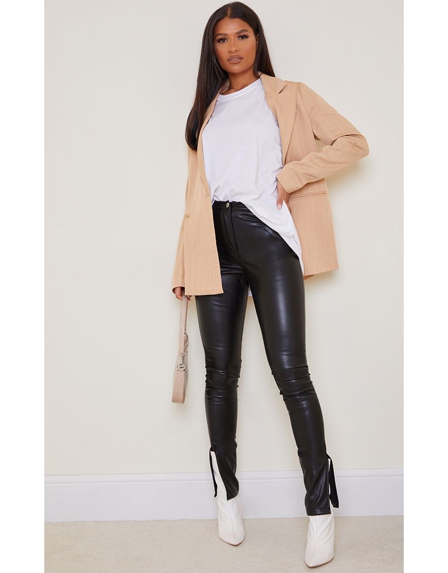 Black Faux Leather Split Hem Straight Leg Trousers