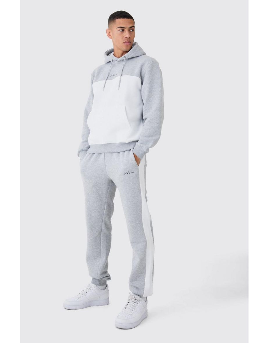 Man Signature Colour Block Hooded Tracksuit - grey marl
