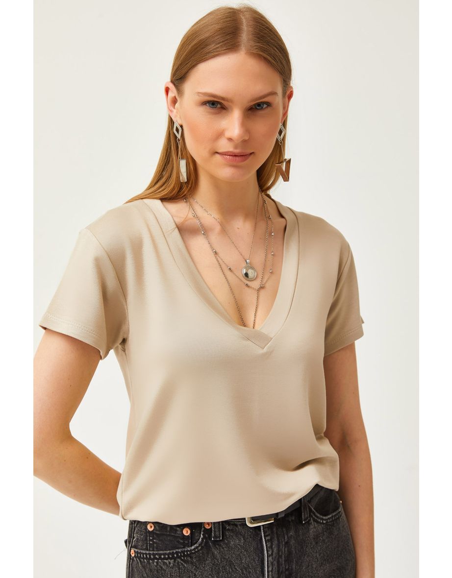 Women's Beige Deep V-Neck Modal Button T-Shirt