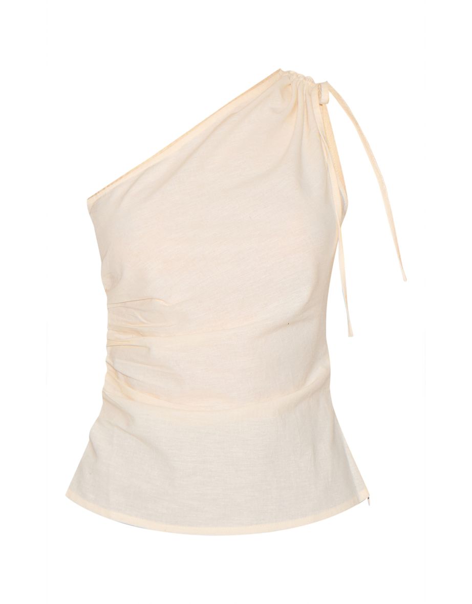 Beige Lightweight Woven Ruched Asymmetric Long Top - 4