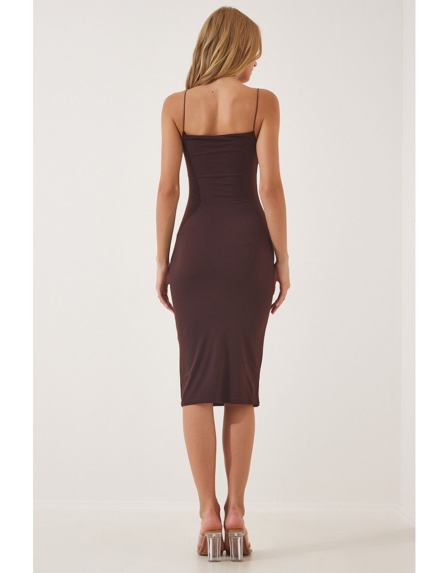 Brown Bodycon Midi Slip Dress - 2