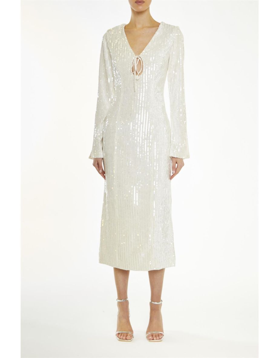 Anais Clear-Nude Sequin Flared-Sleeve -Dress