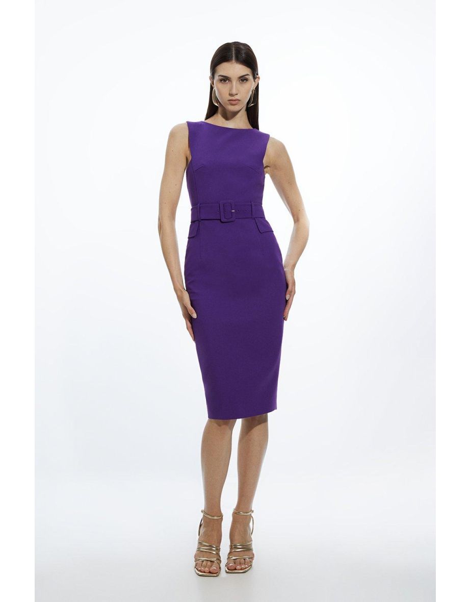 Compact Stretch Belted Tailored Midi Pencil Dress