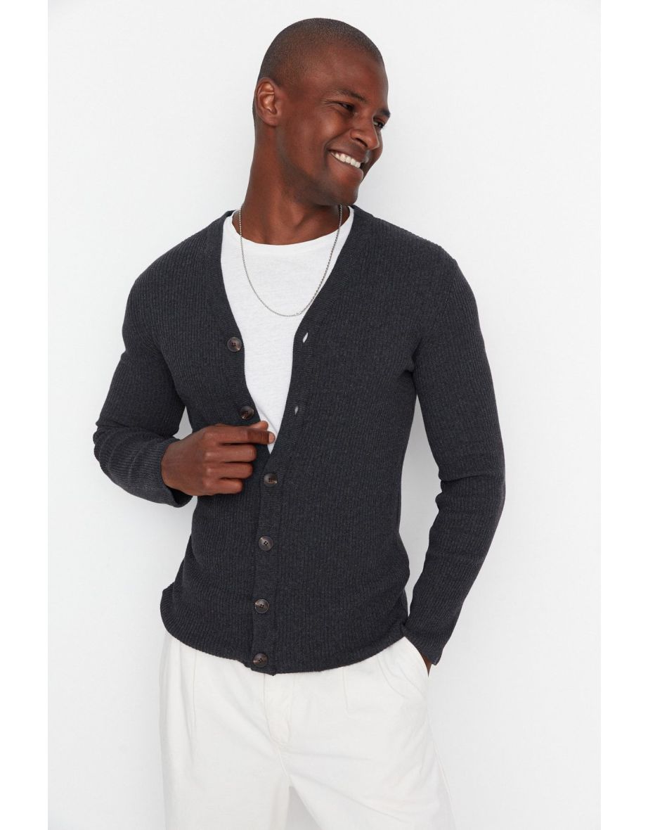 Anthracite Slim Fit Slim Fit V-Neck Buttoned Ribbed Knitted Cardigan - 7