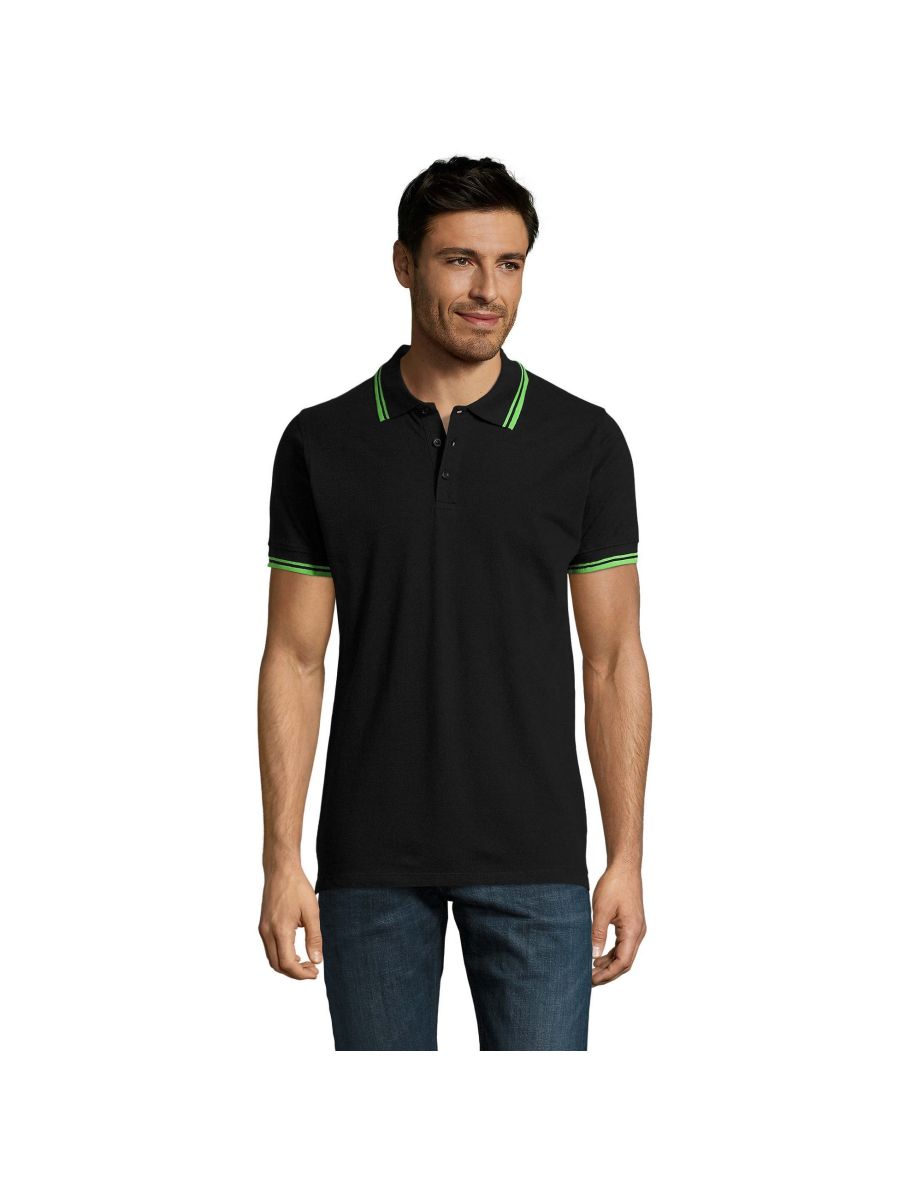 SOLS Mens Pasadena Tipped Short Sleeve Pique Polo Shirt - Black/Lime - 3