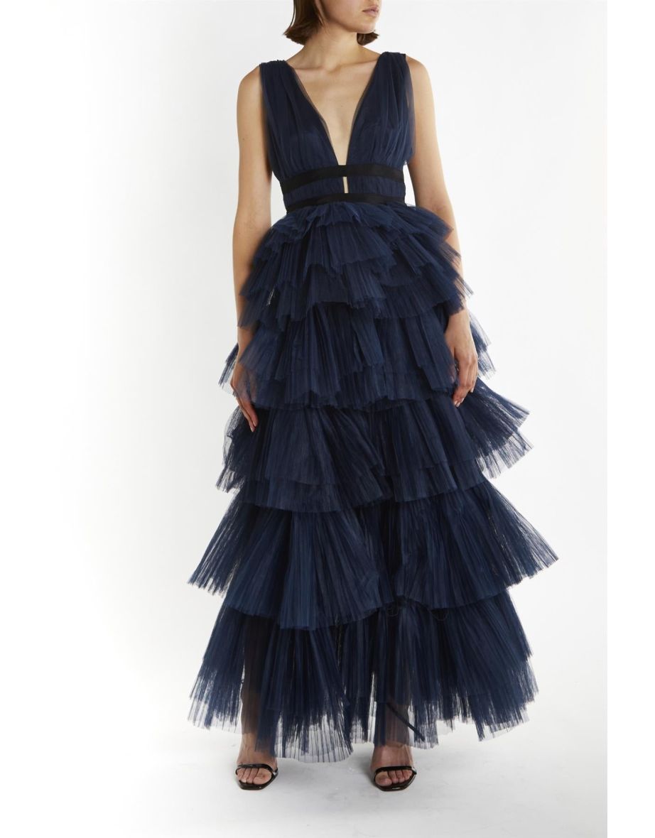 Eliza Dark-Navy Plunging-Neck Fully-Lined Layered Tulle Skirt Maxi-Dress - 2