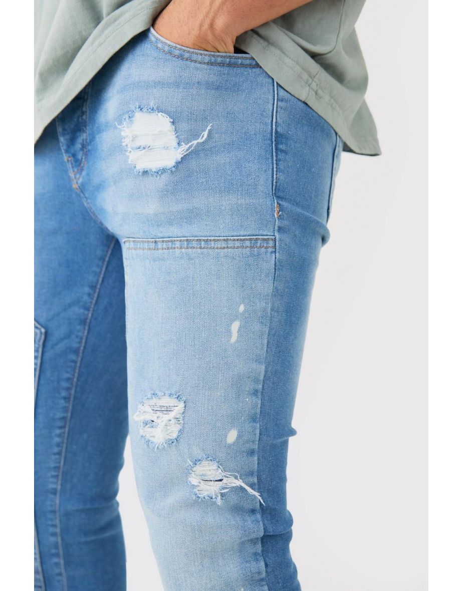 Skinny Stretch Stacked Ripped Carpenter Zip Hem Jeans In Light Blue - light blue - 2