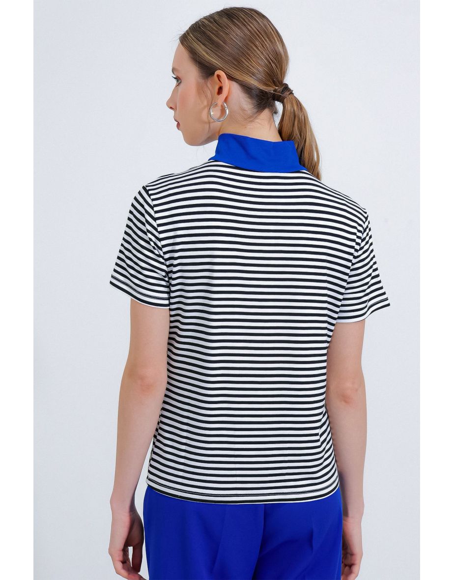 Women's Saks Polo Neck Zippered Striped T-Shirt - 4