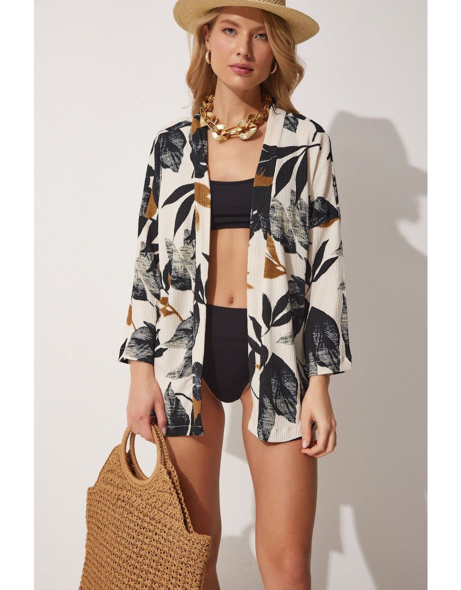 Women's Black Cream Patterned Long Crinkle Viscose Summer Kimono