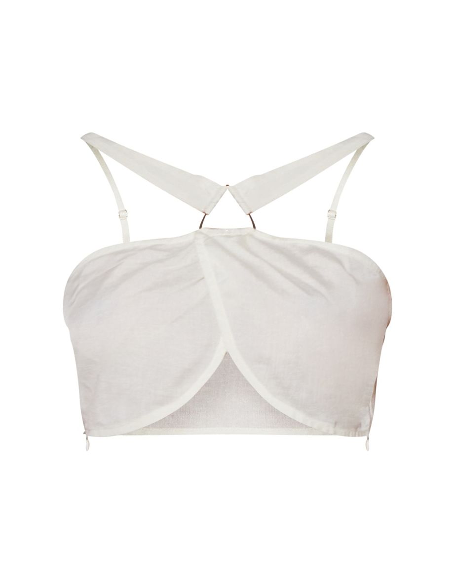 Shape Cream Linen Look Cut Out Triangle Trim Detail Crop Top - 4