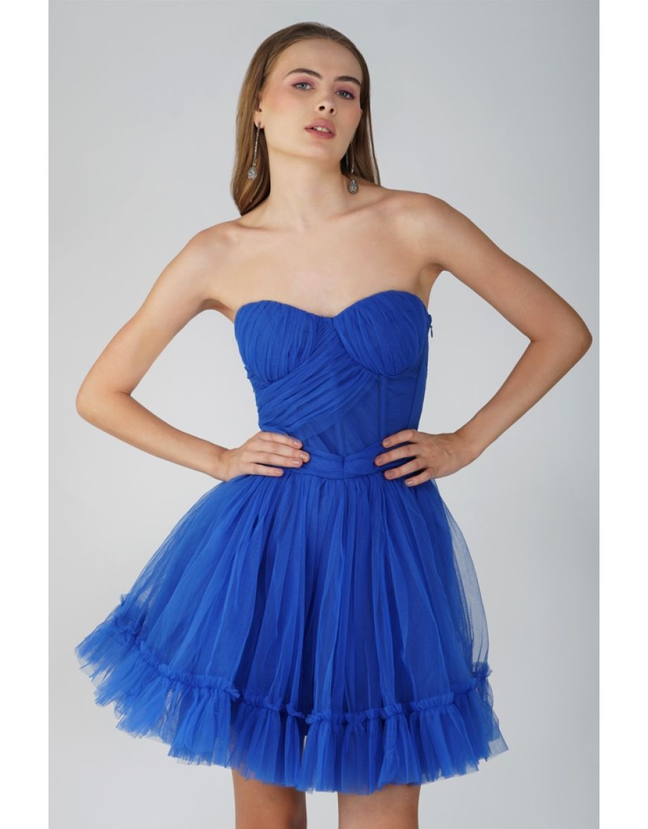 Lauren Cobalt Blue Tulle Mini Dress - 3