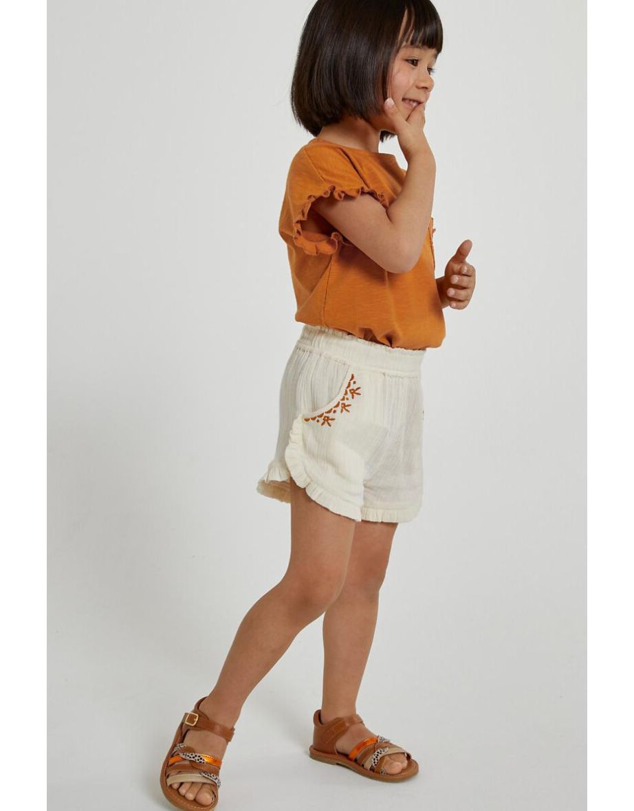 Double Cotton Muslin Shorts with Embroidery and Ruffles