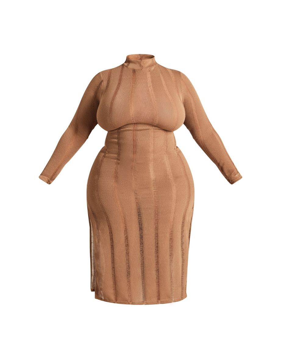 Plus Oatmeal Distressed Long Sleeve Midi Dress - 4