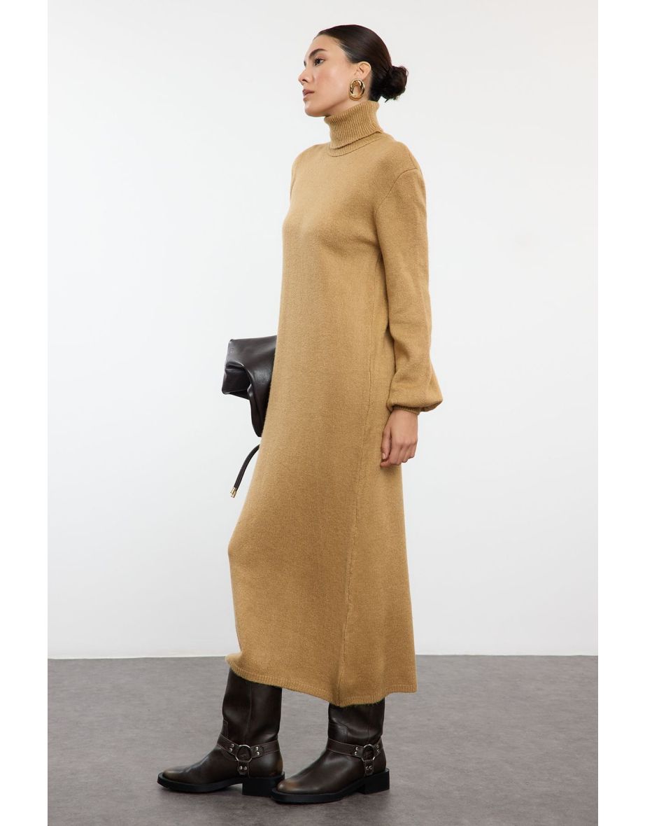 Camel Midi Knitwear Soft Texture Sweater Dress