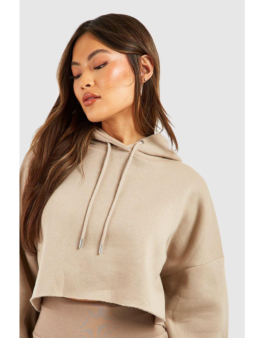 Cropped Raw Hem Hoodie - stone - 3