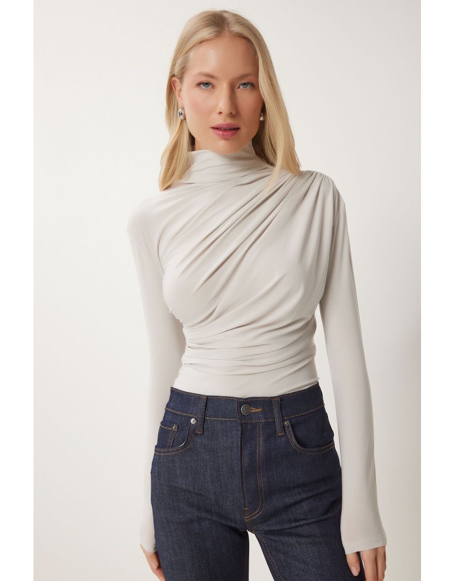 Women's Stone Gathered Detailed High Neck Sandy Blouse