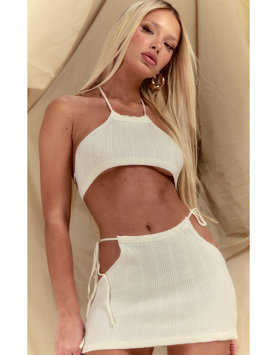 Cream Wide Rib Knitted Strappy Halter Top