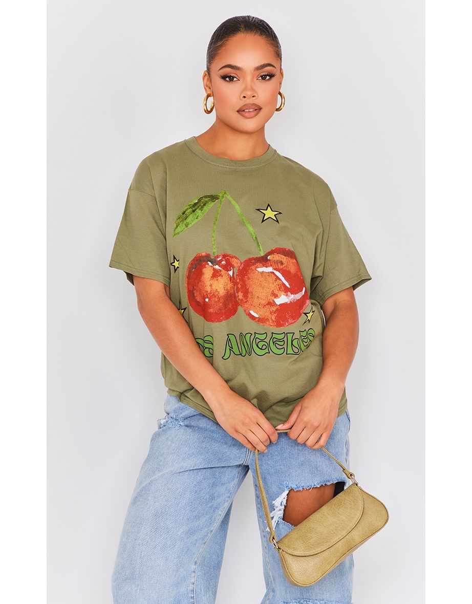 Sea Green Los Angeles Cherry Print Oversized T Shirt
