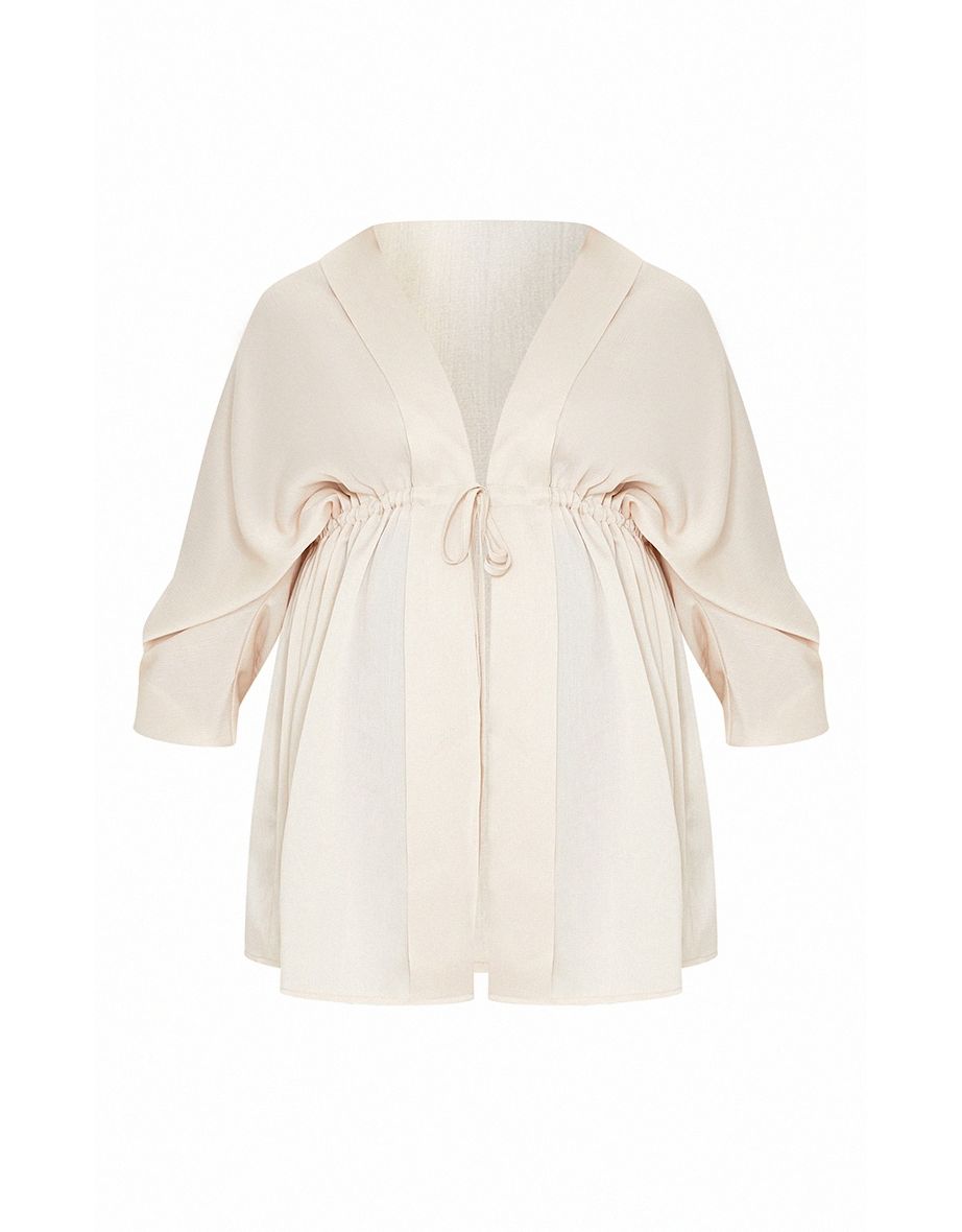 Maternity Cream Textured Woven Plunge Tie Waist Blouse - 4