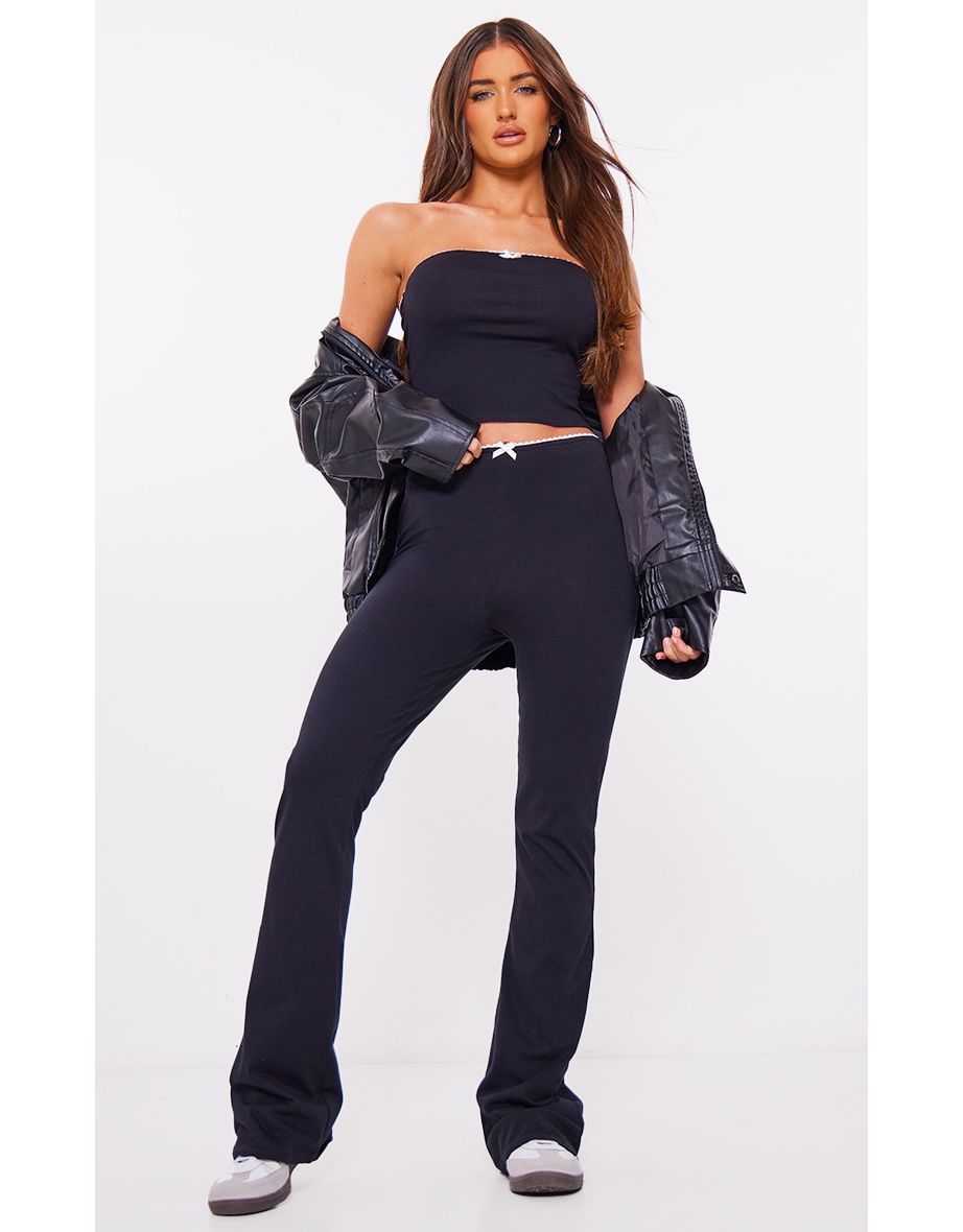 Black Scalloped Trim Detail Cotton Skinny Flares
