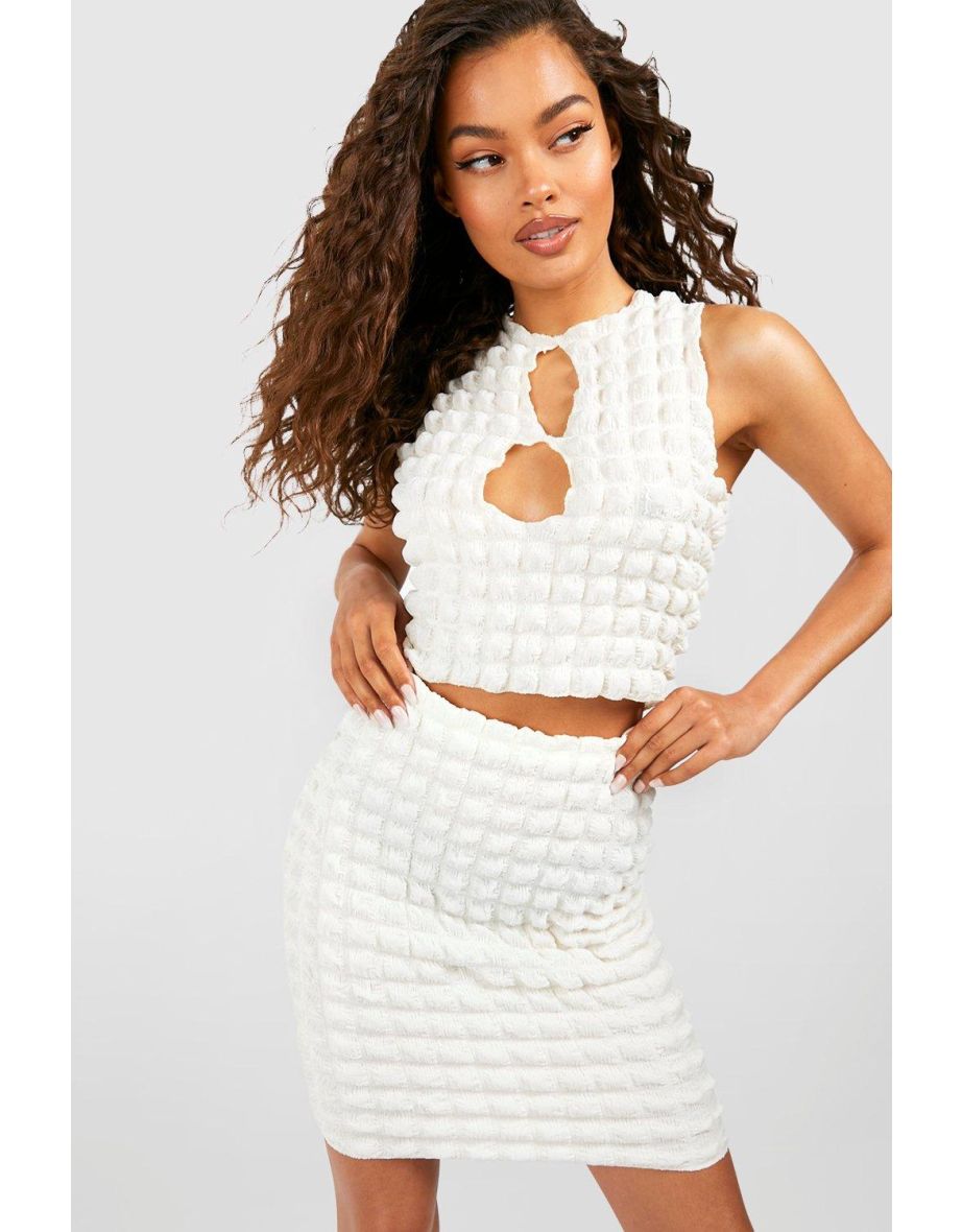 Bubble Jersey Cut Out Crop & Mini Skirt - cream