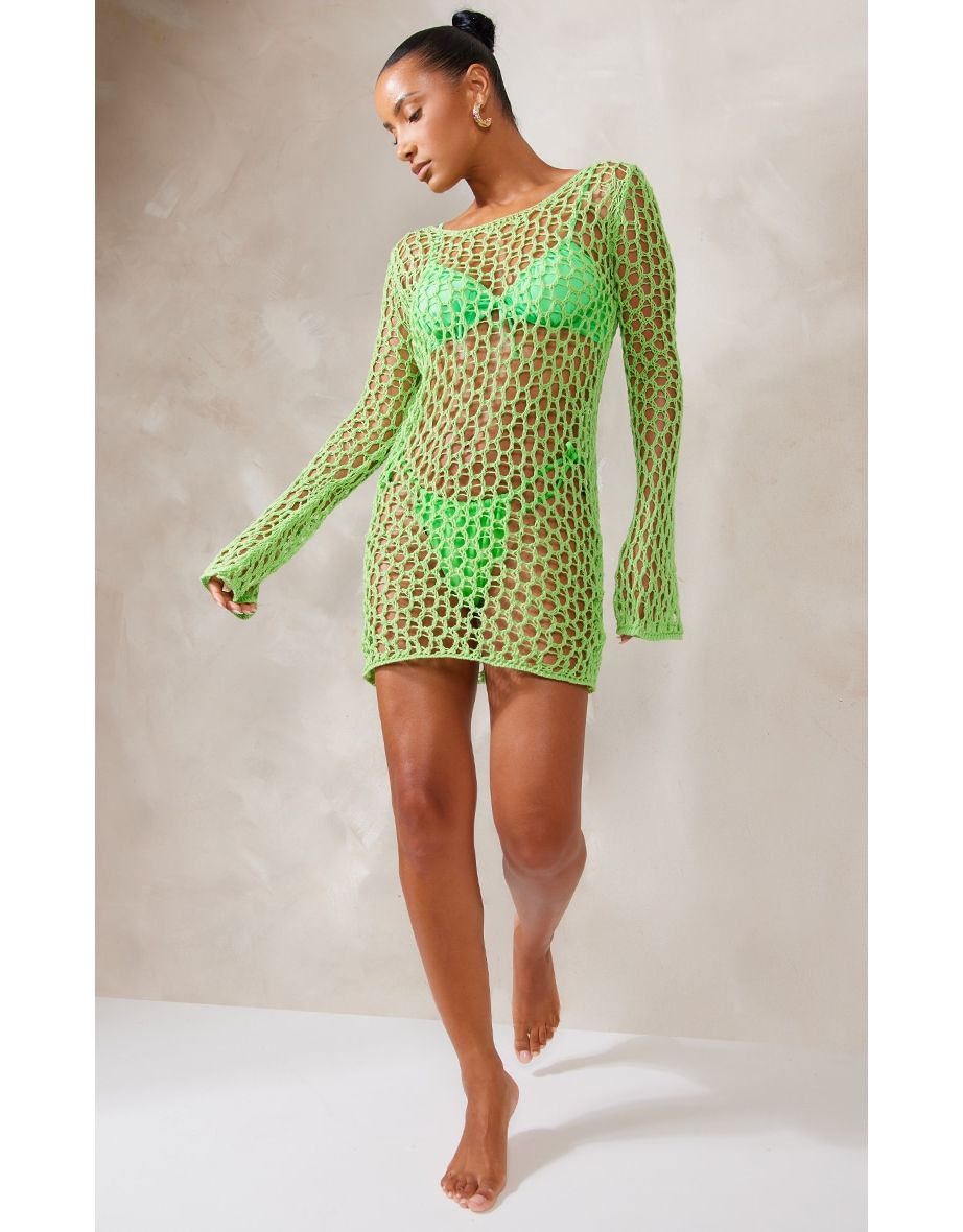 Lime Long Sleeve Crochet Floaty Mini Dress