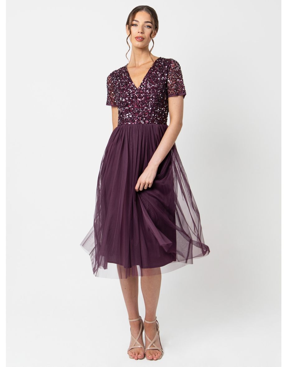 Shop Maya Berry V Neckline Embellished Midi Dress Online in Bahrain VogaCloset