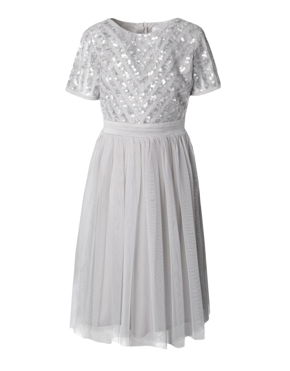 Mini Maya Soft Grey Stripe Embellished Midi Dress With Bow