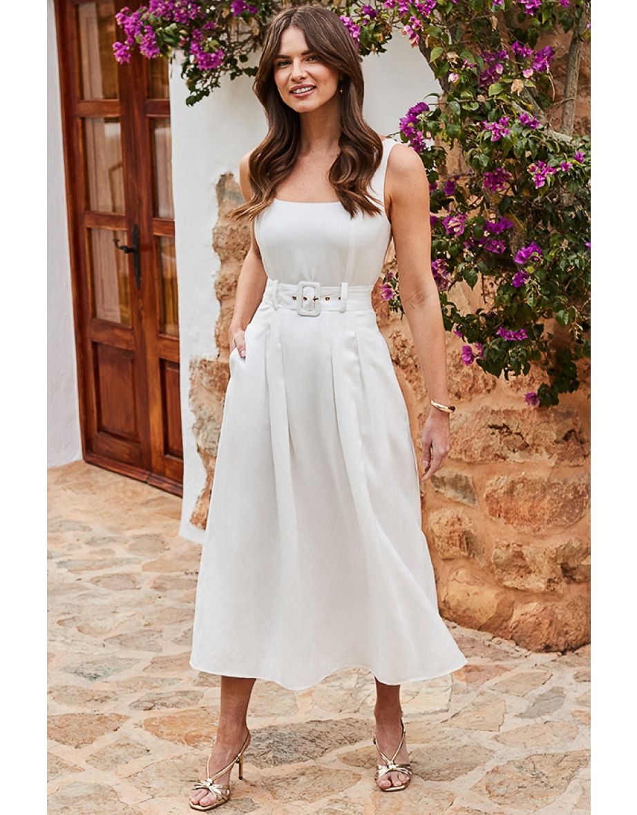 Ivory Fit & Flare Belted Midi Dress With Pockets