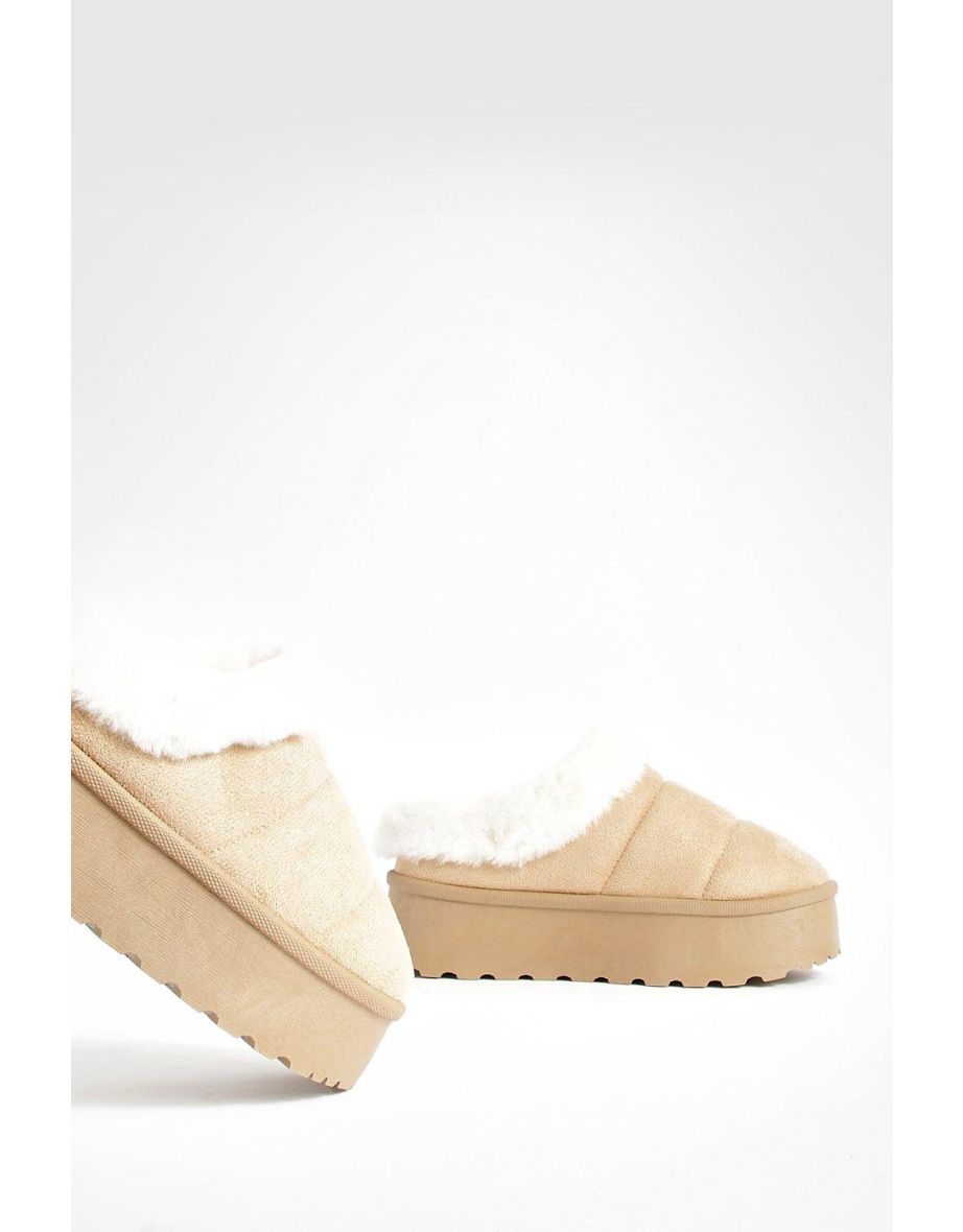 Platform Fur Lined Cosy Mules - sand - 3