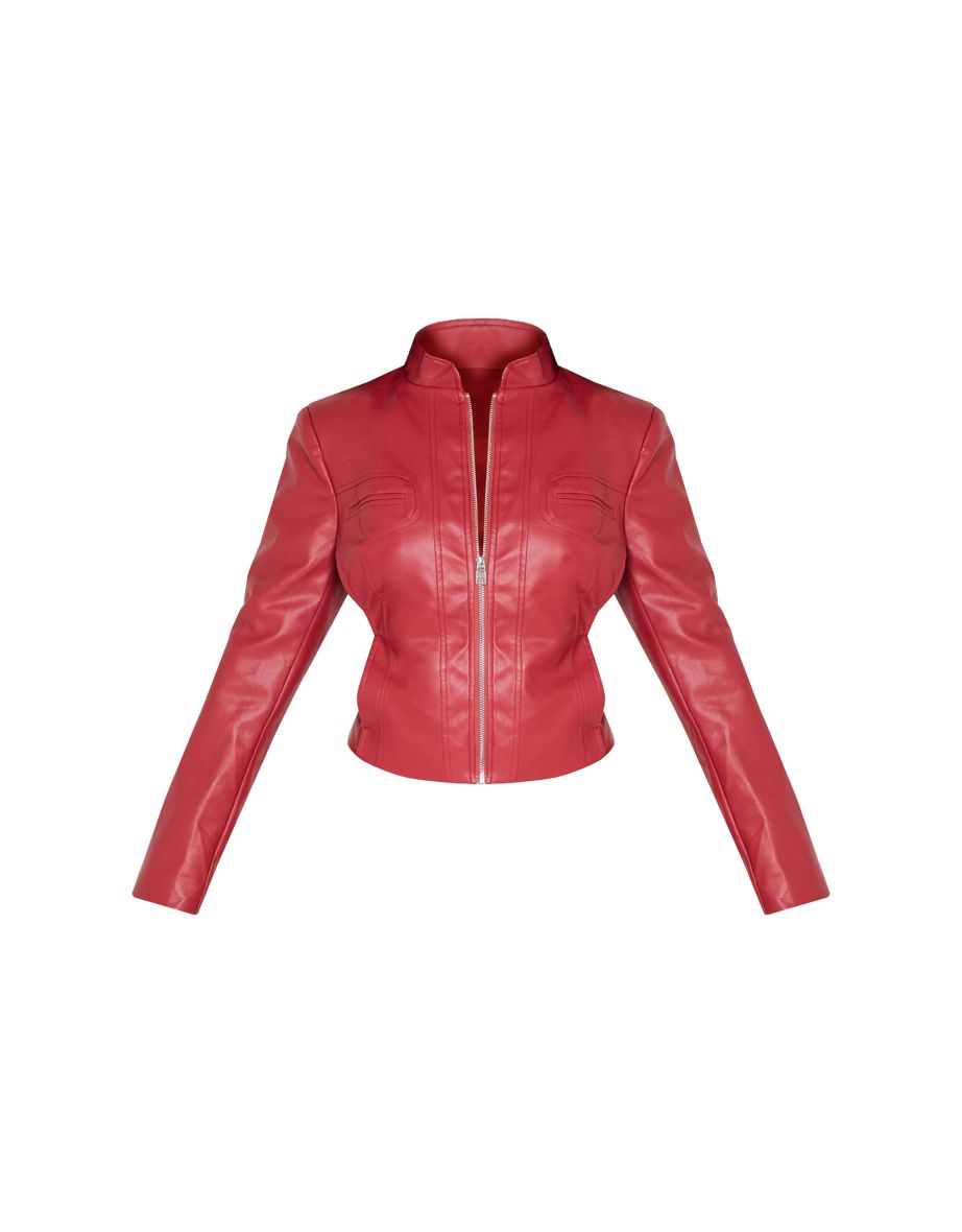 Petite Dark Red Faux Leather Fitted Seam Detail Jacket - 4