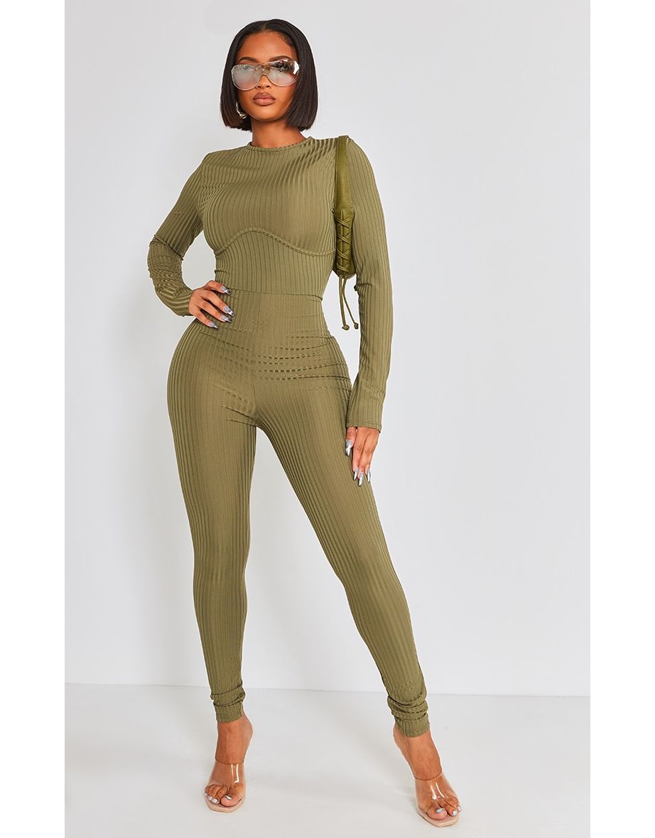 Shape Khaki Rib Underbust Detail Long Sleeve Jumpsuit
