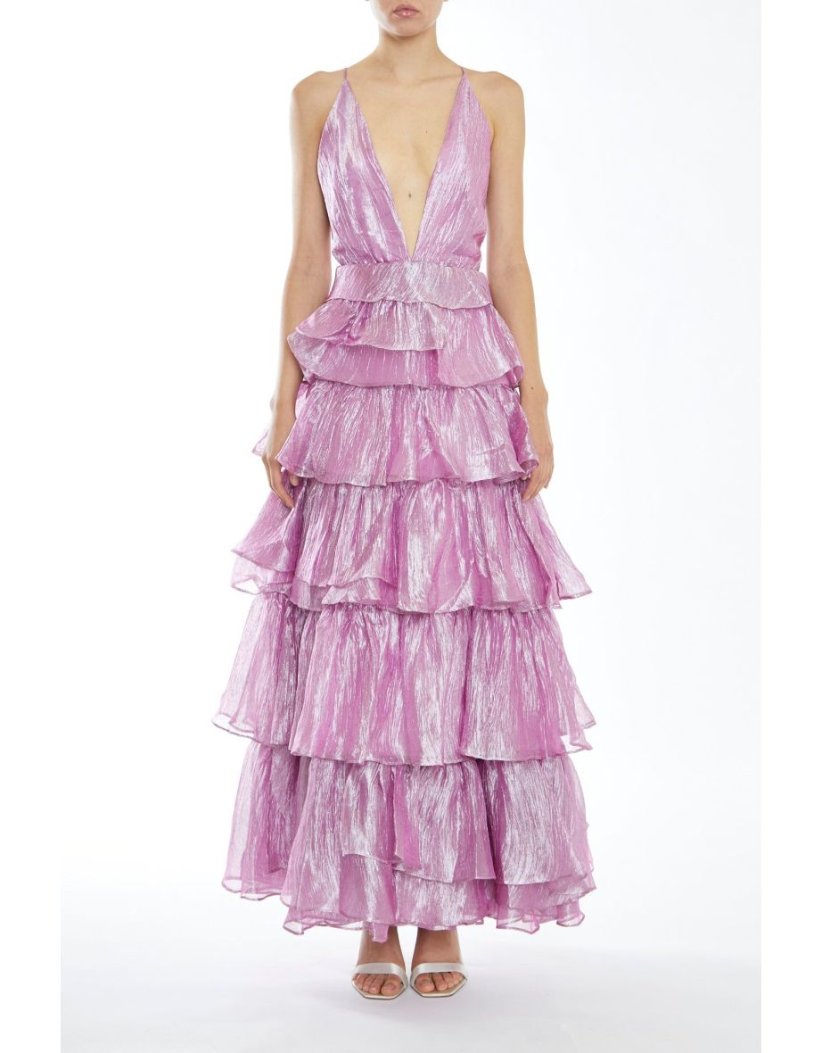 Nova Pink Metallic Pleated Tiers Plunging Maxi-Dress