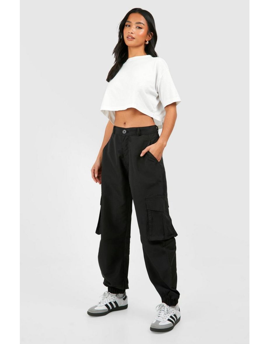 Petite Cuff Hem Parachute Cargo Trouser - black