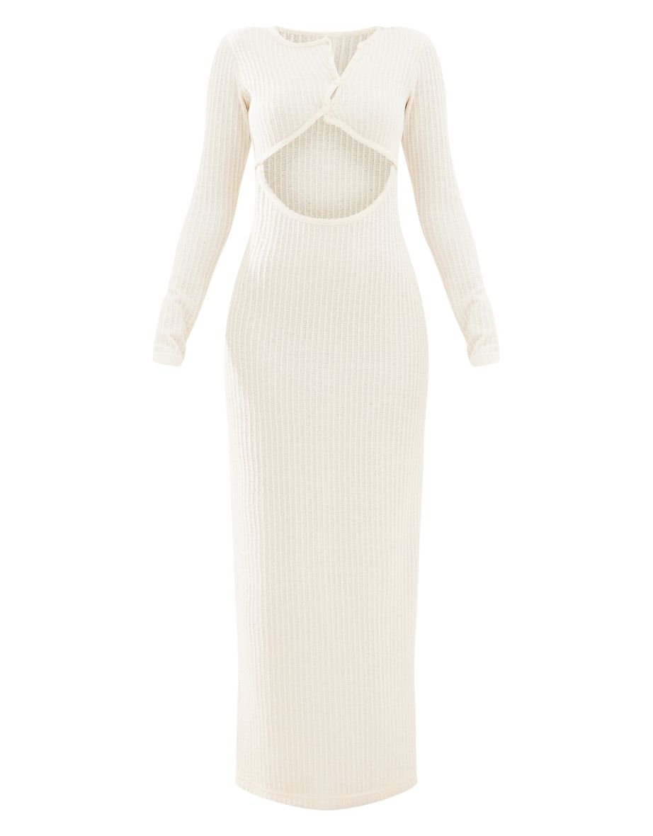 Cream Textured Laddered Cut Out Sleeve Midaxi Dress - 4
