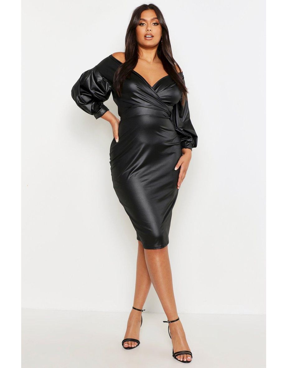 Plus Leather Look Off Shoulder Midi Dress - black