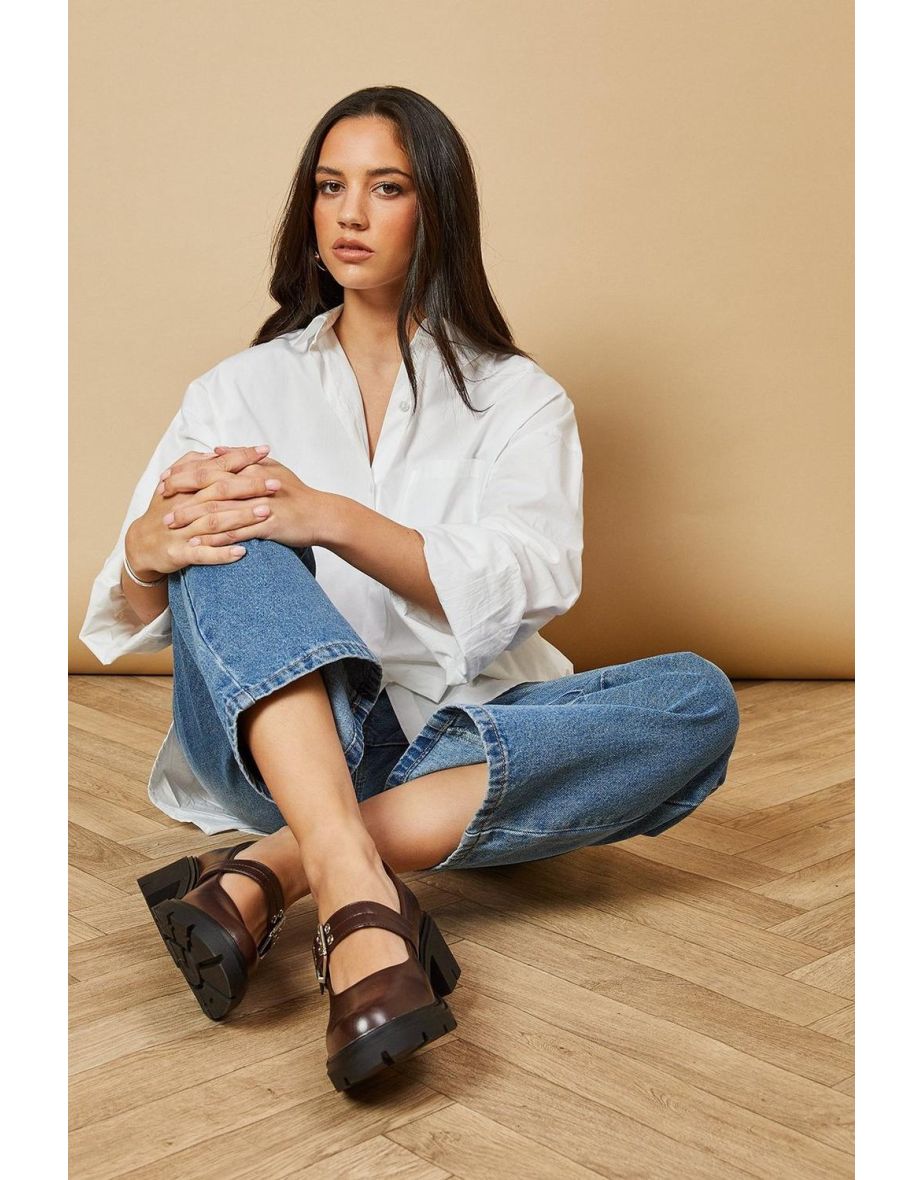 Faith: Hadley Faux Leather Buckle Detail Mary Jane Chunky Heel Shoes