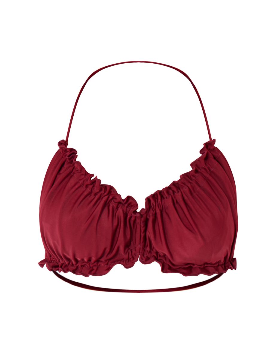 Wine Ruched Frill Bikini Top - 3