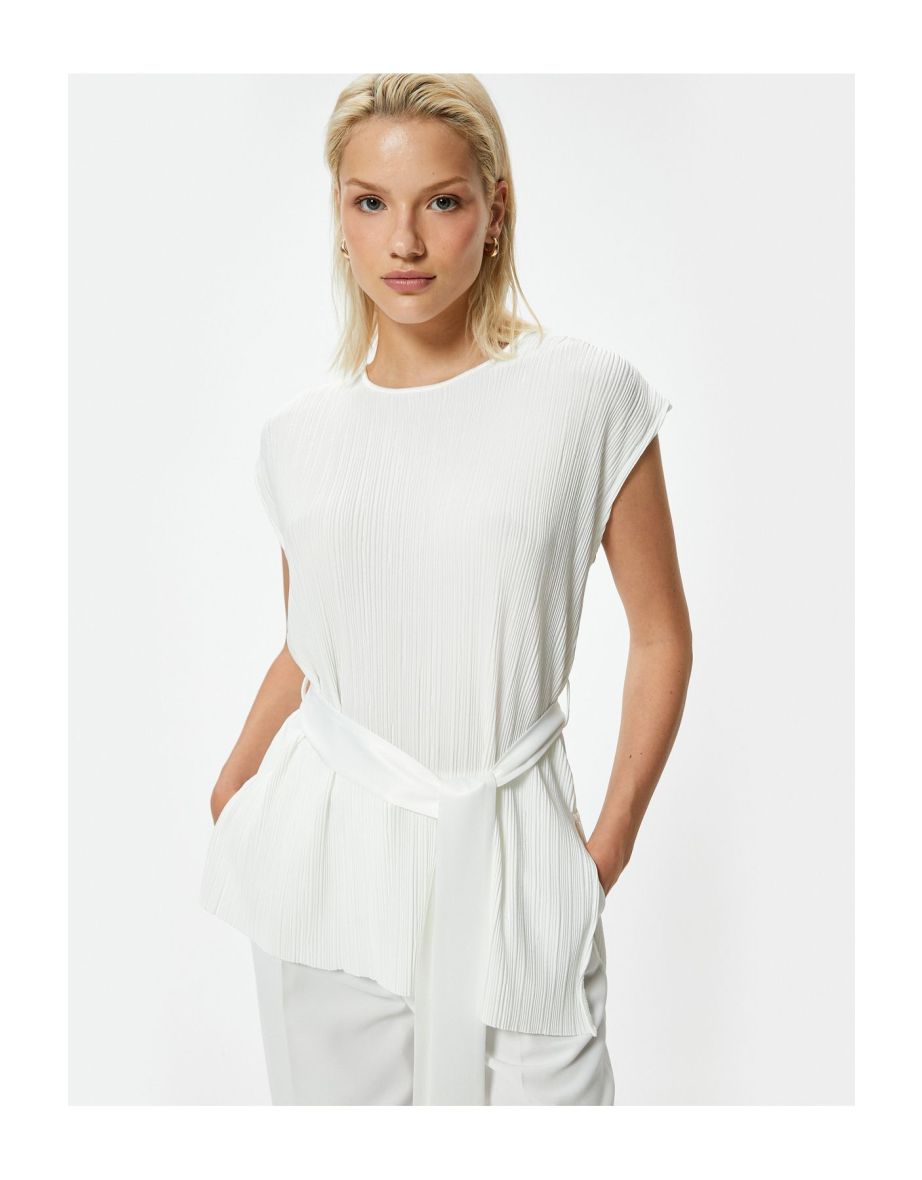 Sleeveless Tunic Belt Detailed Round Neck Textured