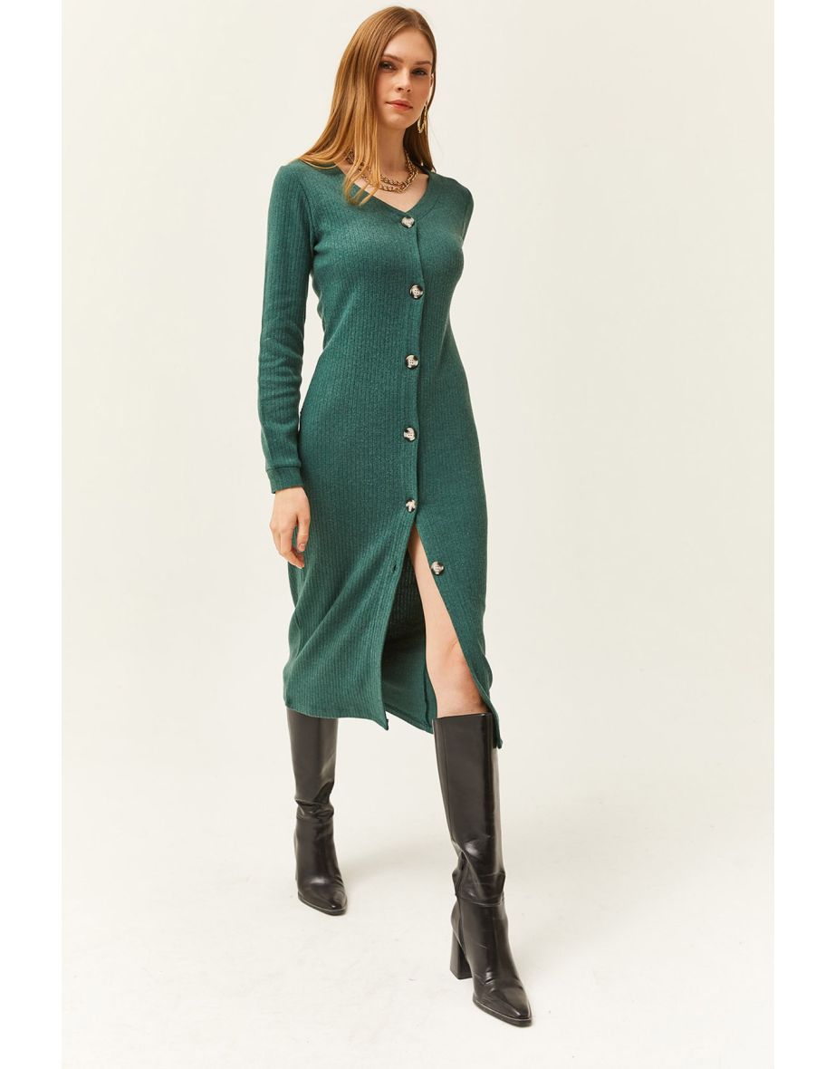 Women's Green V-Neck Buttoned Thick Ribbed Midi Dress