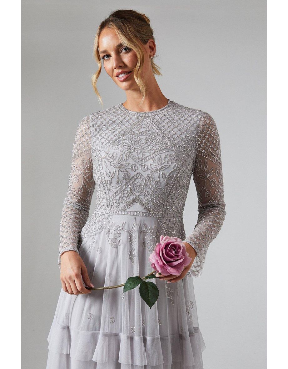 Embellished Artwork Long Sleeve Tiered Bridesmaids Maxi Dress - 3