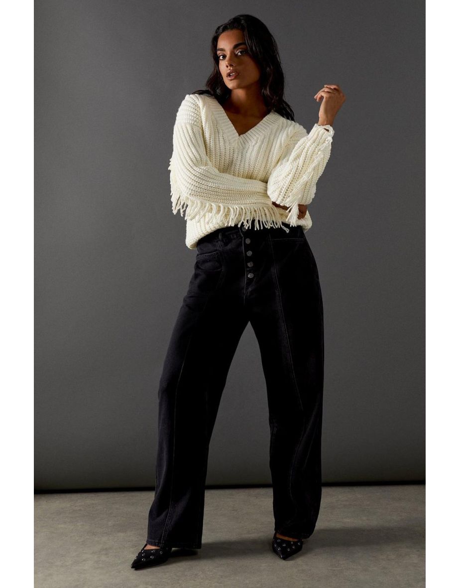Fringed Back V Neck Jumper
