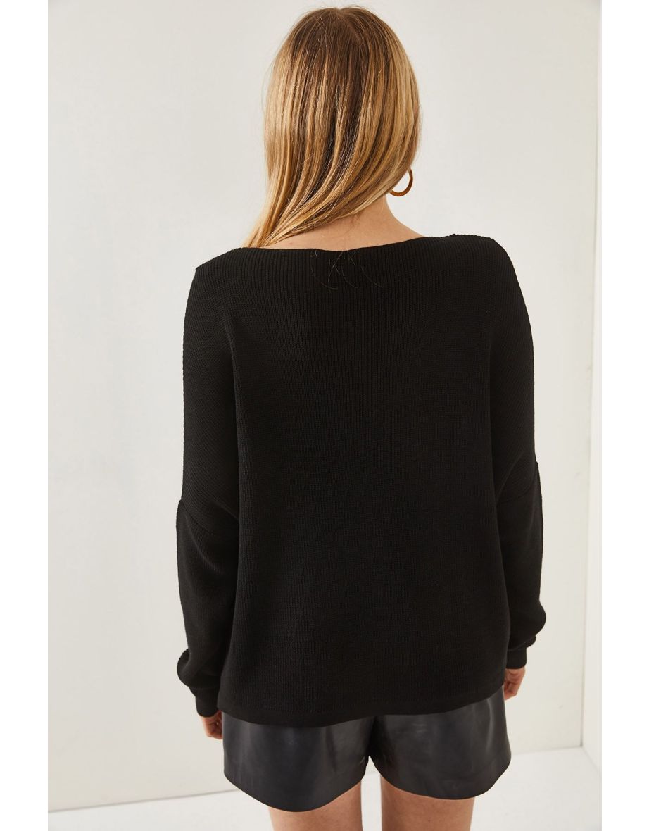 Women's Black V-Neck Decollete Loose Knitwear top - 6