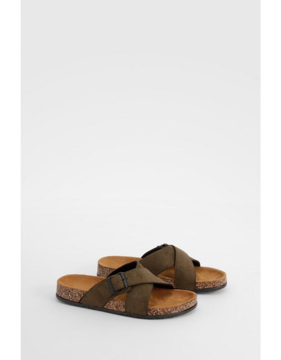 Crossover Strap Footbed Sliders - khaki