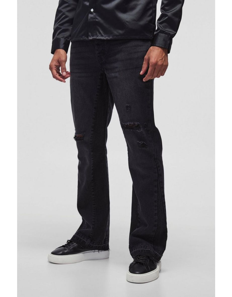 Slim Rigid Flare Distressed Gusset Panel Acid Washed Denim Jeans