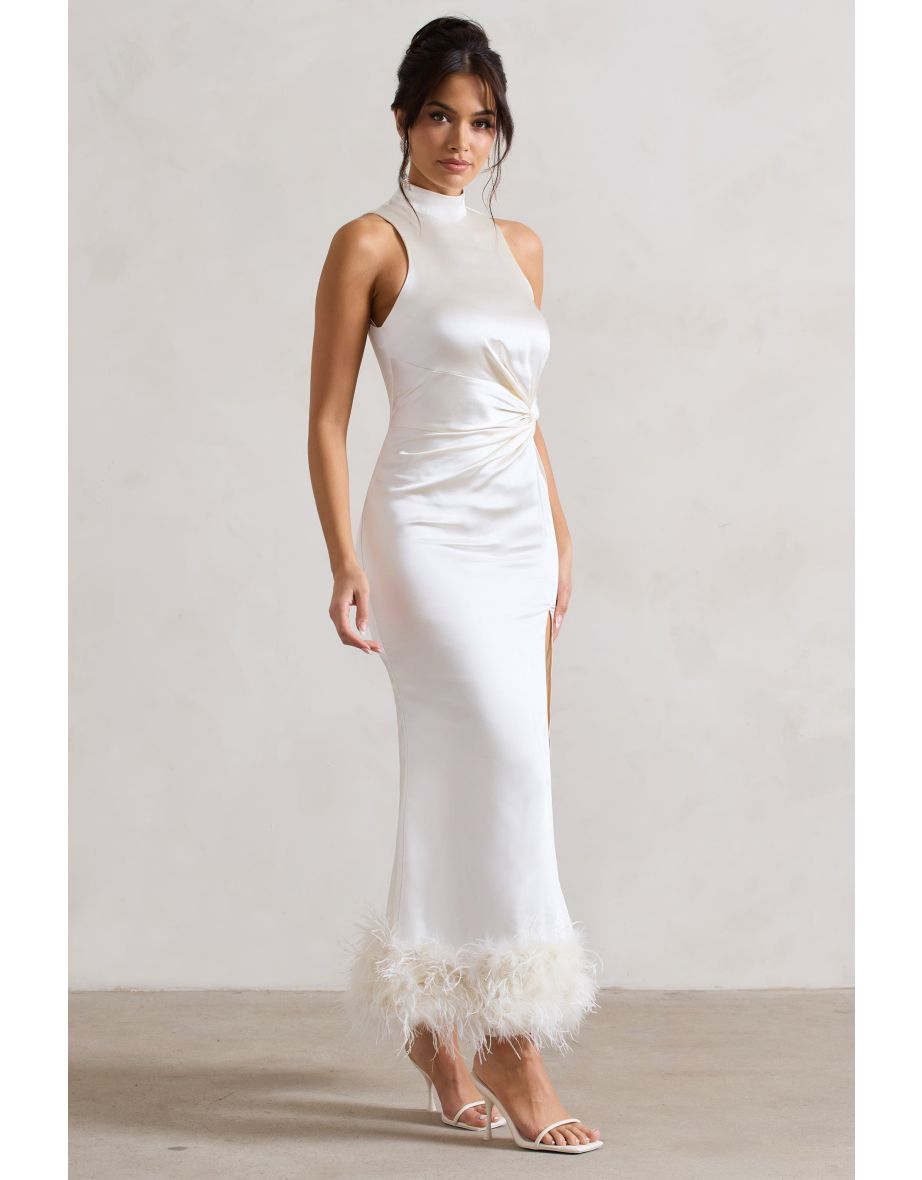Zoe | Cream Satin Twist Split Maxi Dress With Feather Trim - 4