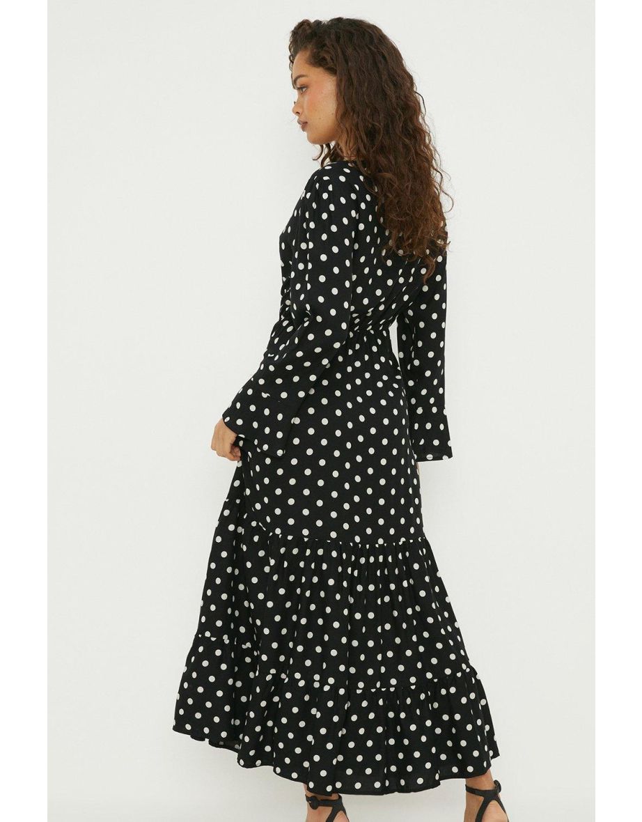 Petite Black Spot V-neck Ruffle Hem Long Sleeve  Dress - 2
